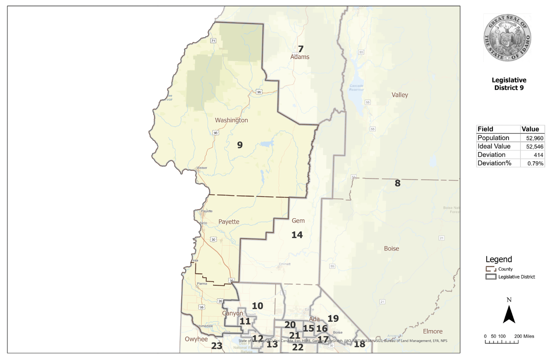 A map of Legislative District 9, which encompasses Payette and Washington counties and a part of Canyon County.