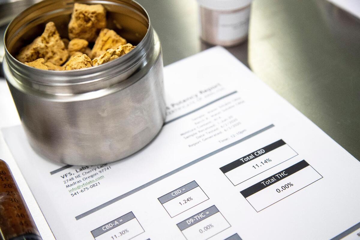 Lab results are kept on hand at The Blissful Plant’s Boise office to prove that hemp extracts do not contain any THC. Concentrated hemp forms a waxy substance known as crumbles.