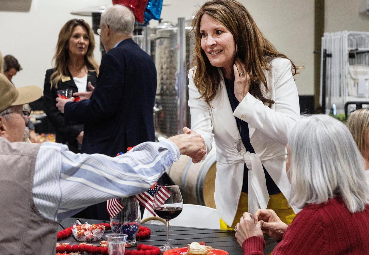 Lt. Gov. Janice McGeachin greets Randy and Colleen Crawford, of Caldwell, at a meet-and-greet campaign fundraiser at a Caldwell-area winery in April.