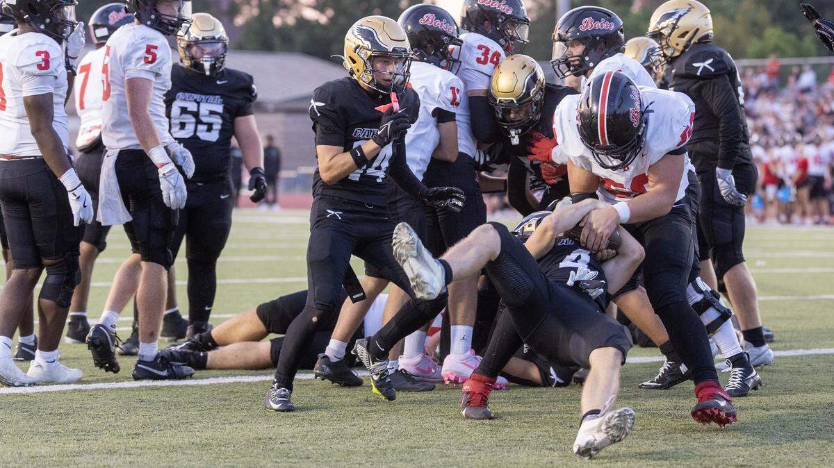 Capital running back senior Zander Grow scores a touchdown during their game against Boise at Dona Larsen Park, Thursday, Aug. 28, 2025.
