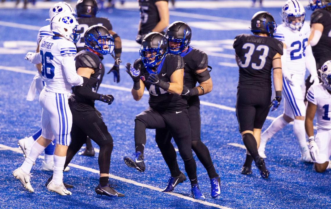 Boise State linebacker Nick Provenzano (45) celebrates a tackle during the game against BYU at Albertsons Stadium. BYU defeated Boise State 51-17 Friday, Nov. 6, 2020.