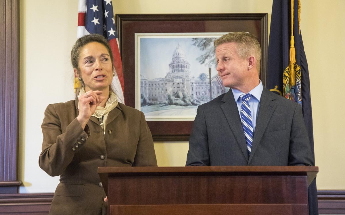 Democratic leadership Michelle Stennett, Senate minority leader, left, and Matt Erpelding, House minority leader, give their reactions to Gov. Brad Little’s inaugural State of the State address on Monday, Jan. 7, 2019.