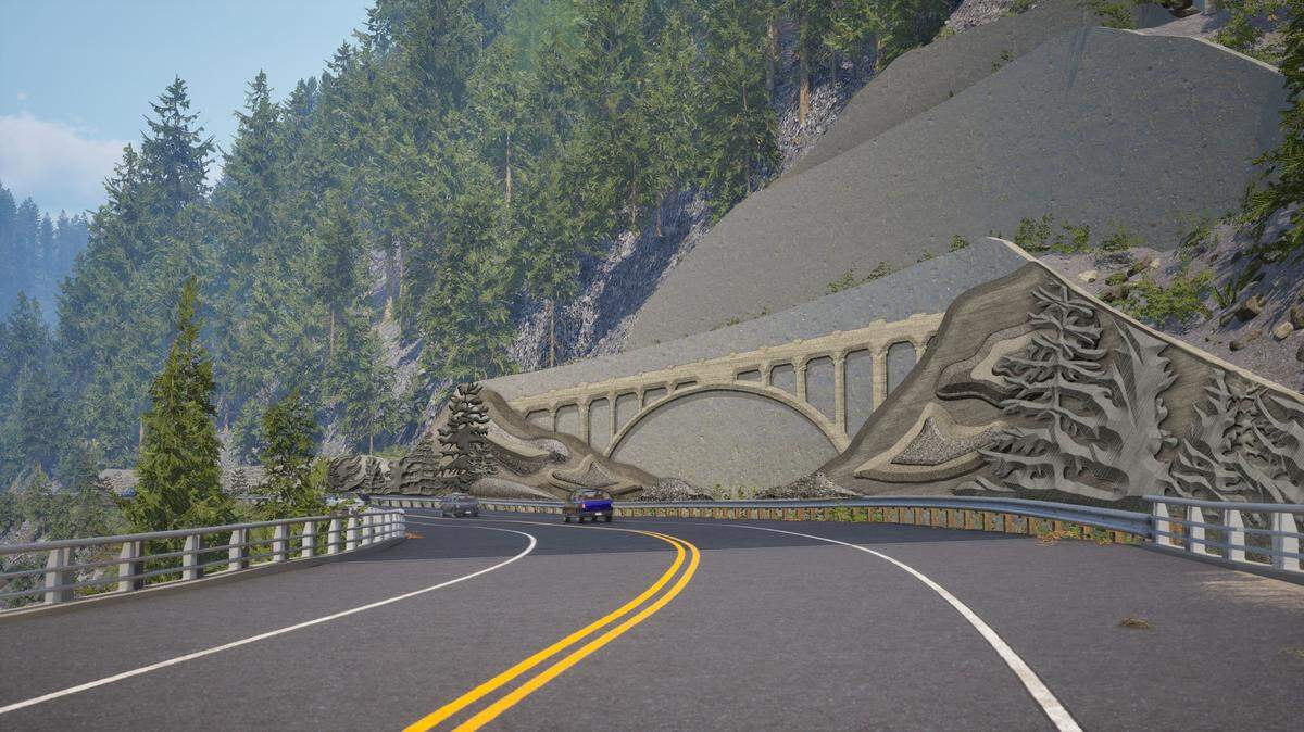 The Idaho Transportation Department’s renderings include nature-themed art along the mountainside.
