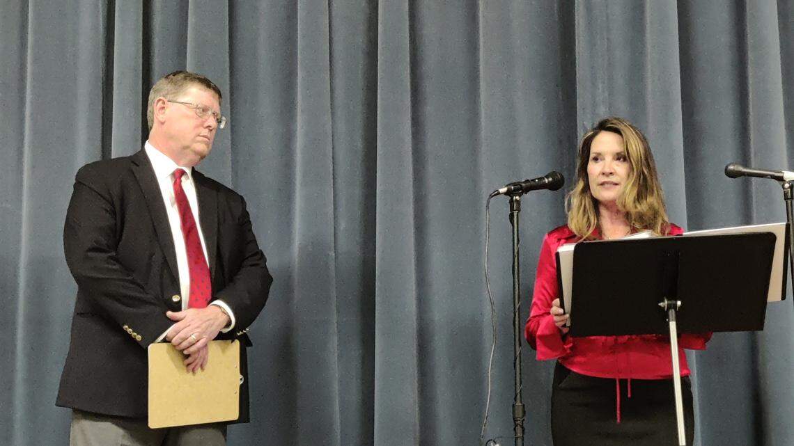 Lt. Gov. Janice McGeachin, flanked by attorney general candidate Art Macomber, speaks at a press conference last week at which McGeachin tried to blame the AG’s office for her public records lawsuit loss.