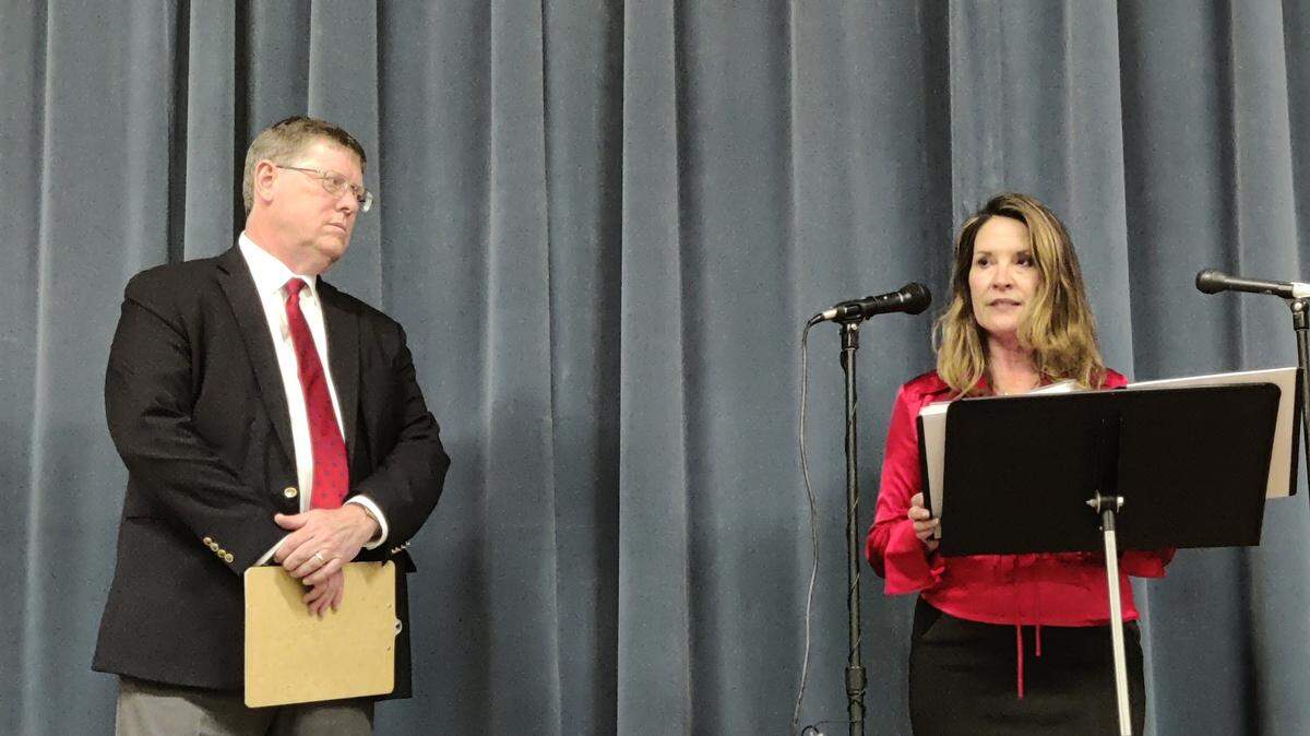 Art Mcomber and Lt. Gov. Janice McGeachin speak at a press conference at Ammon Elementary School on Thursday.