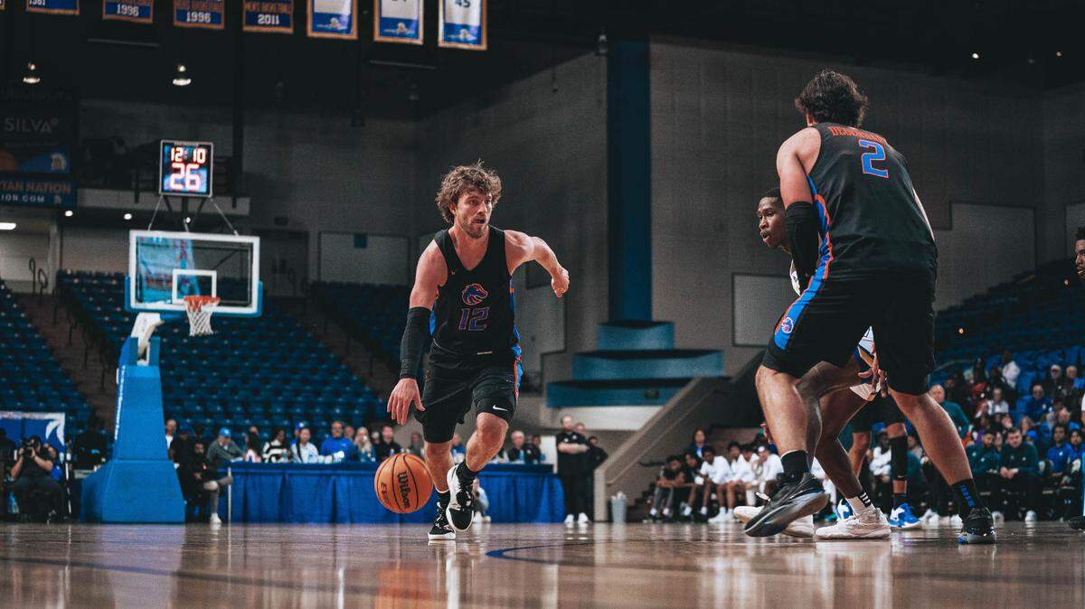 Max Rice, left, had 12 points in Boise State’s 74-68 overtime loss to San Jose State on Saturday in San Jose, California. He shot just 4-for-18 from the floor.
