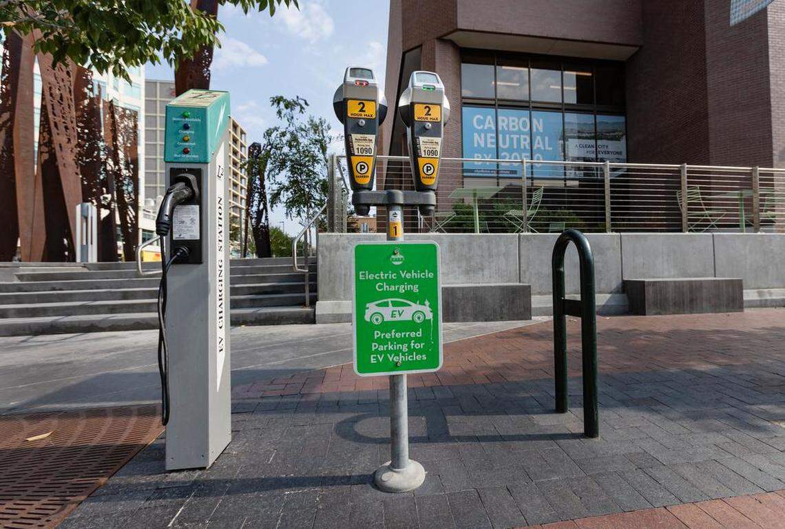 A parking spot adjacent to Boise City Hall offers charging for electric vehicles.