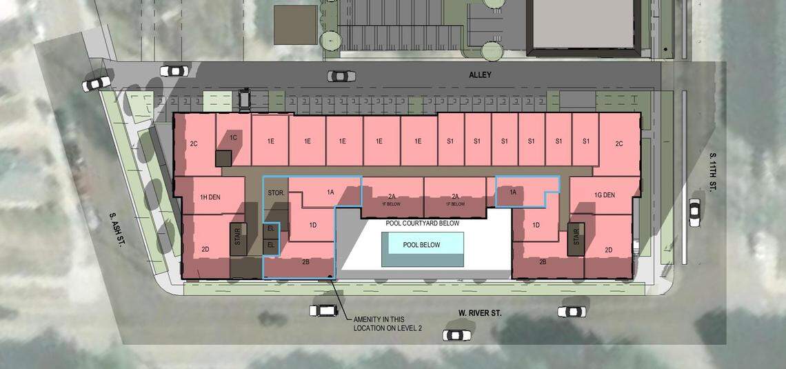 A site plan shows the proposed apartment building along West River Street that would span the block from South 11th Street to South Ash Street. The six-story building would have about 130 apartments, 121 parking spots, a gym and a pool.