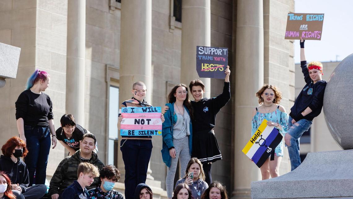 Transgender people, allies and family members of trans youth fill the steps of the Idaho Capitol during a rally to celebrate the defeat of a legislative bill that would have criminalized gender-affirming health care for children.