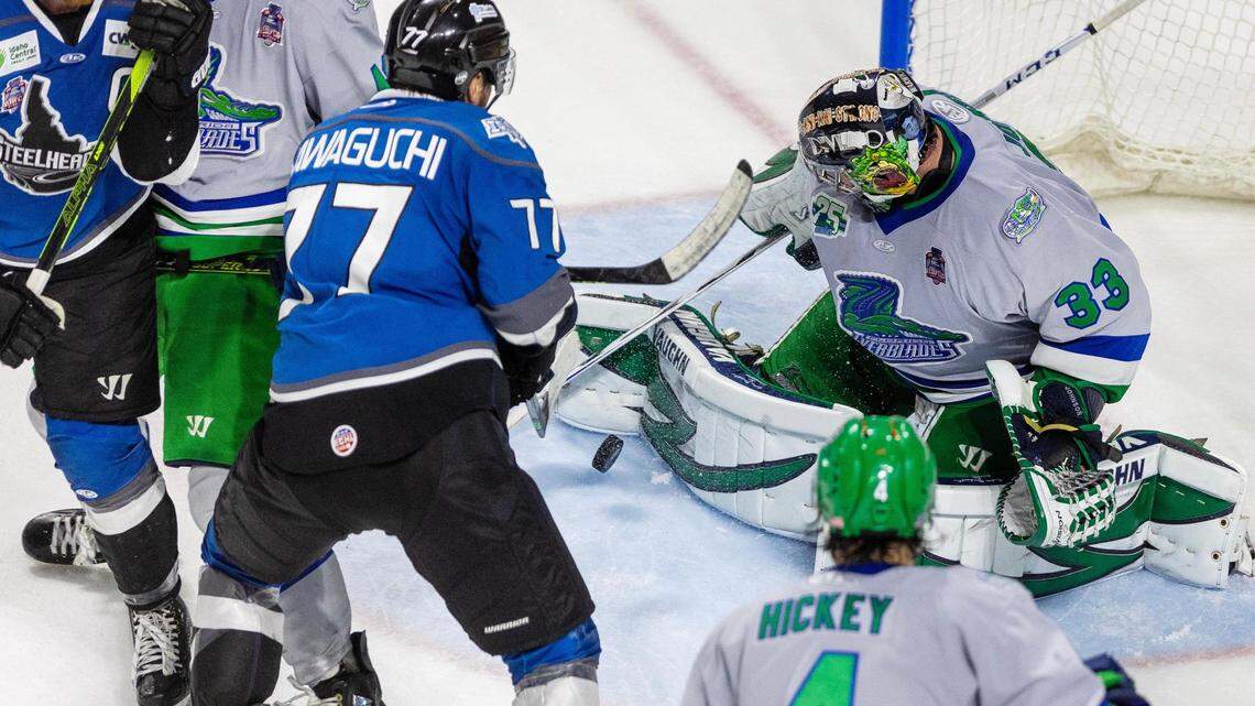 Florida Everblades’ goalie Cam Johnson makes a save during overtime in Game 1 against the Idaho Steelheads in the Kelly Cup Finals at Idaho Central Arena, Saturday, June 3, 2023.