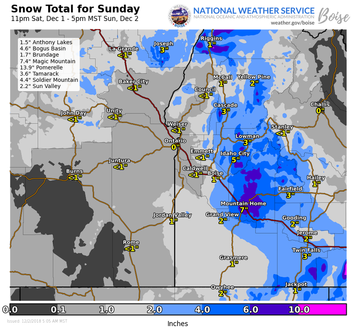 Snow total predictions from the National Weather Service initially showed Boise receiving about an inch of snow.