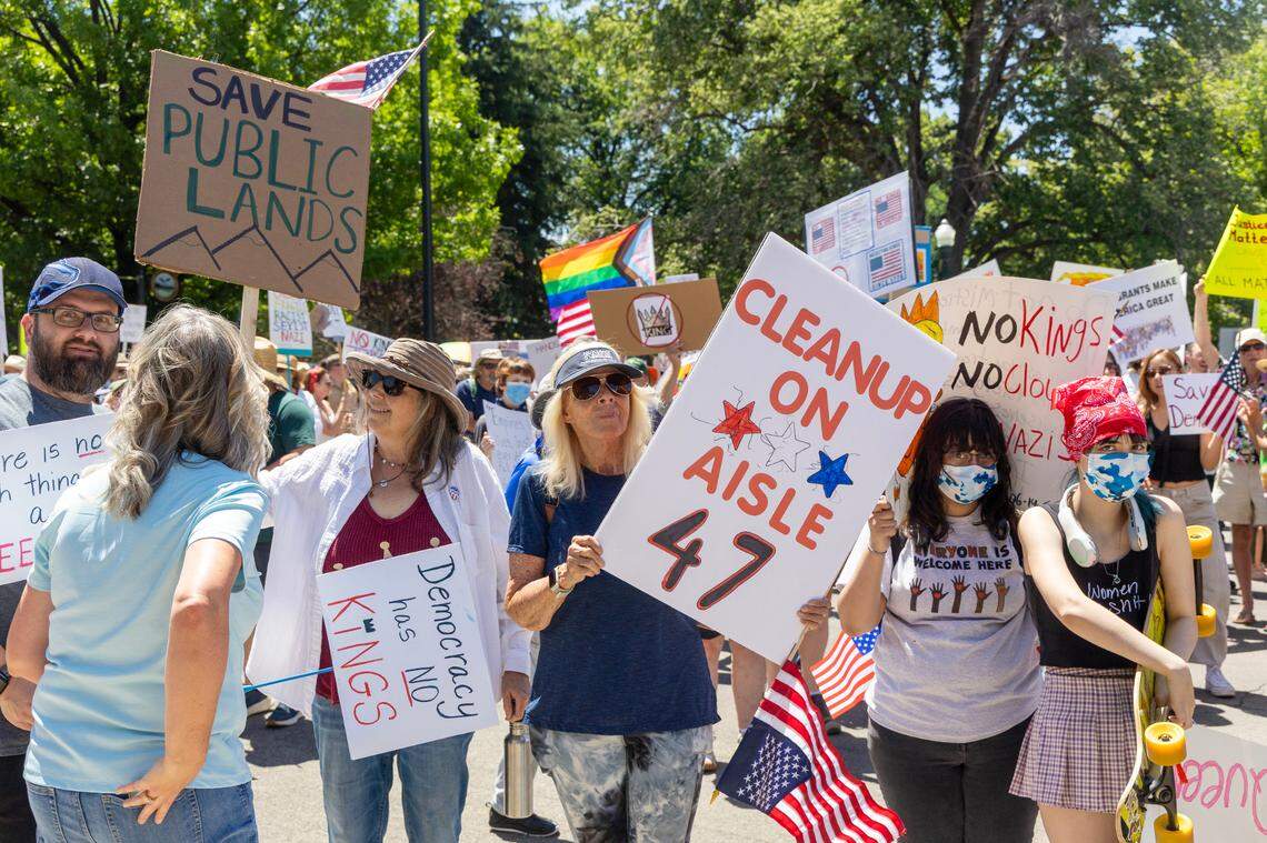Thousands of protesters gathered outside of the Idaho Capitol Building in Boise Saturday, June 14, 2025 as part of the national “No Kings” protests against President Donald Trump and his administration.