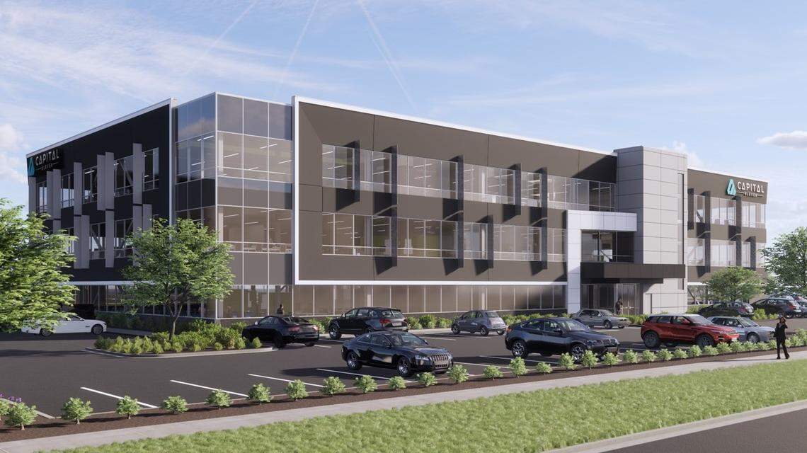 A rendering depicts the newest planned Ten Mile Crossing office building. Ball Ventures Ahlquist