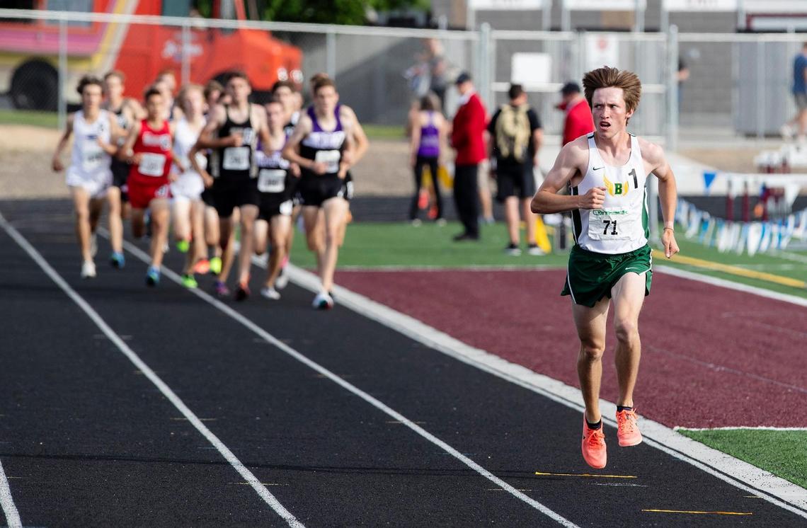 Borah’s Nathan Green separates from the pack in the boys 1,600 meters at the 5A District Three track and field championships Friday at Centennial High.