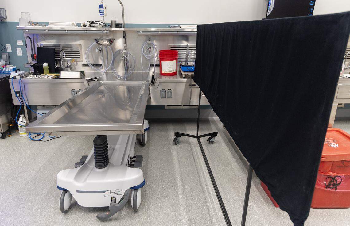 The autopsy room inside the Ada County Coroner's office can facilitate six autopsies at once.