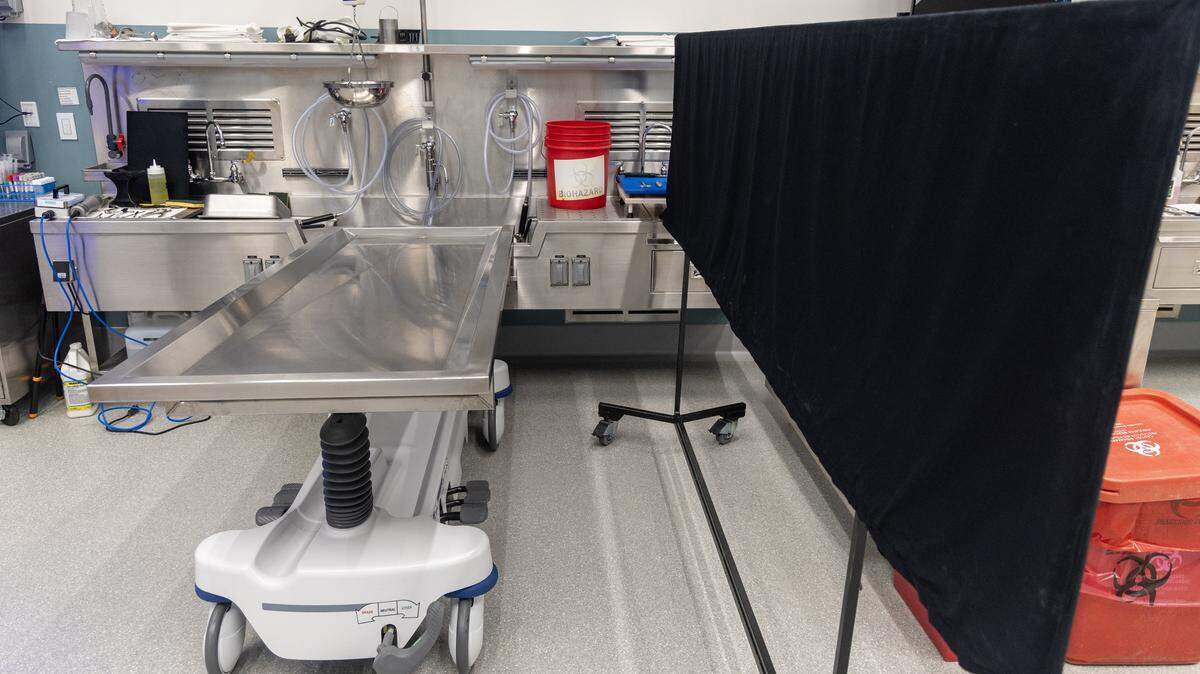 The autopsy room inside the Ada County Coroner's office can facilitate six autopsies at once.