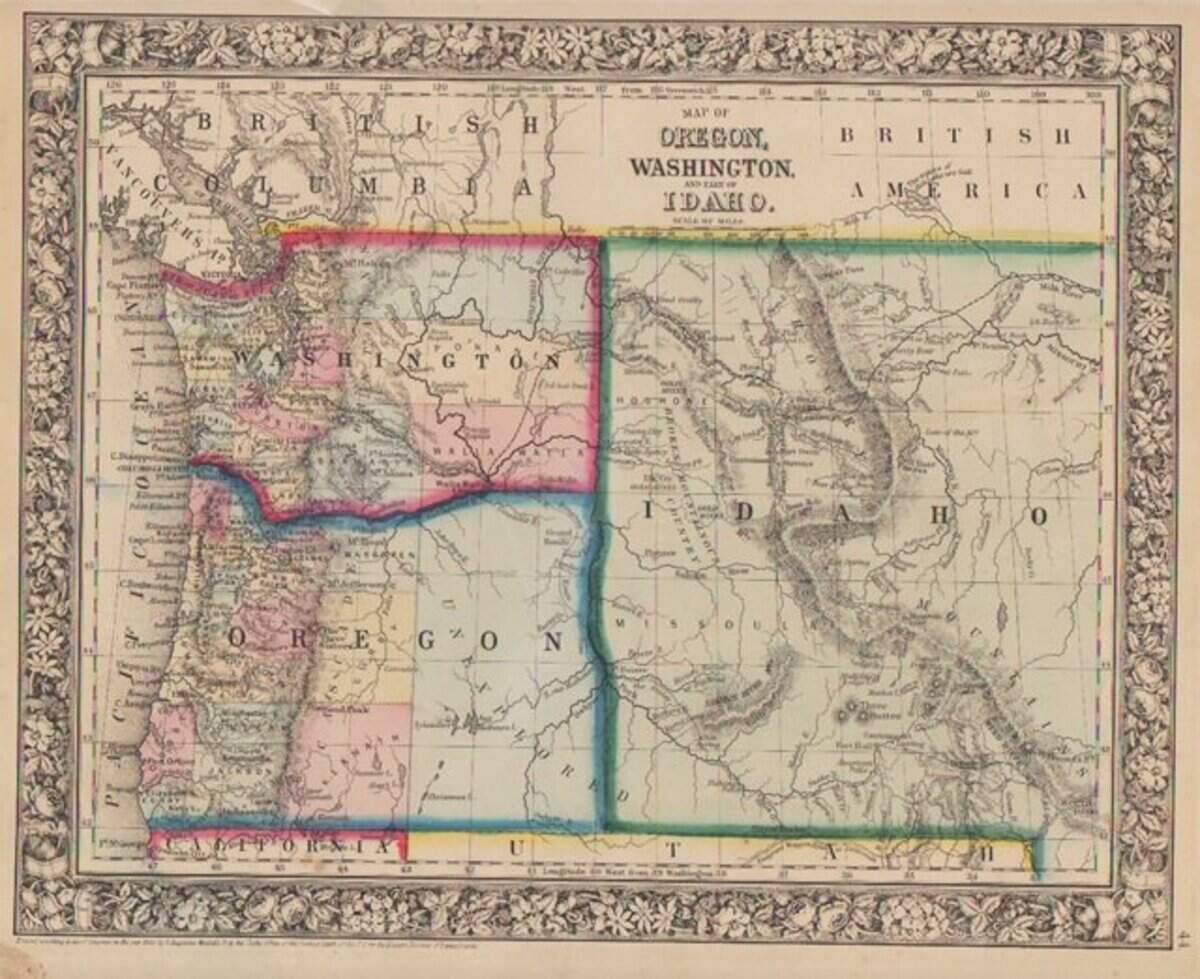 William H. Wallace’s proposed boundaries for the new Idaho Territory, above, won out in 1863, defeating the proposal of his rival, John Mullan. Both men wanted to be the governor of the new territory, which would see even more changes to its borders before Idaho became a state in 1890.