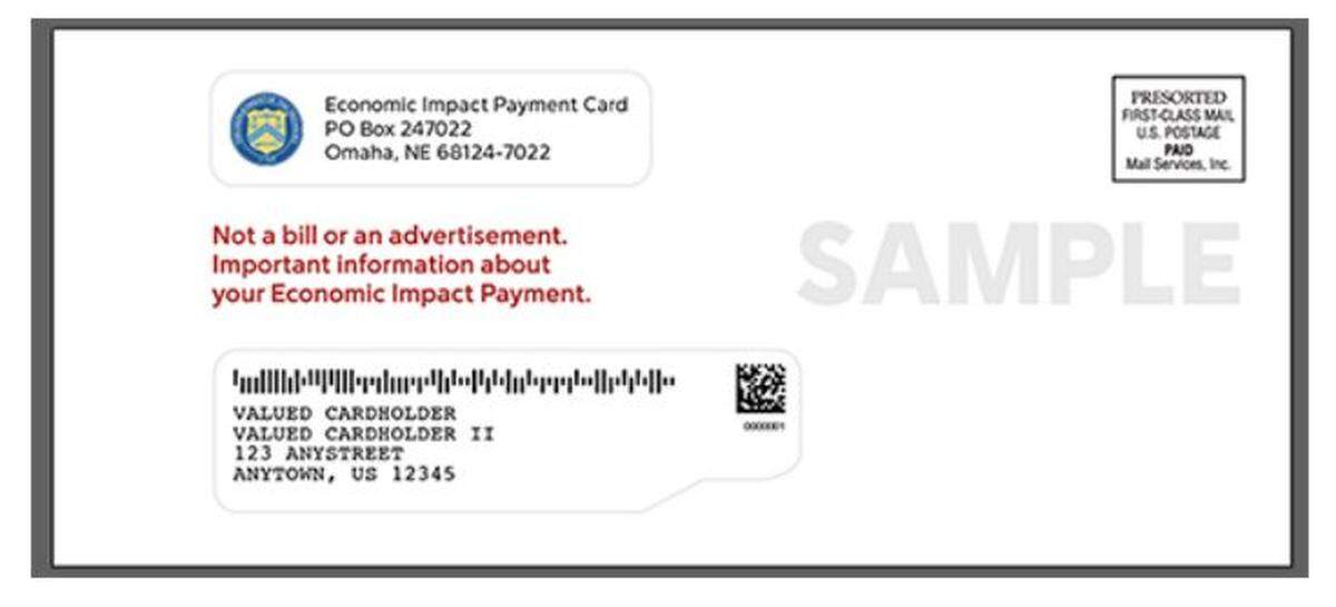 Example of an envelope used by the Treasury Department to send out stimulus payment debit cards to 8 million Americans.