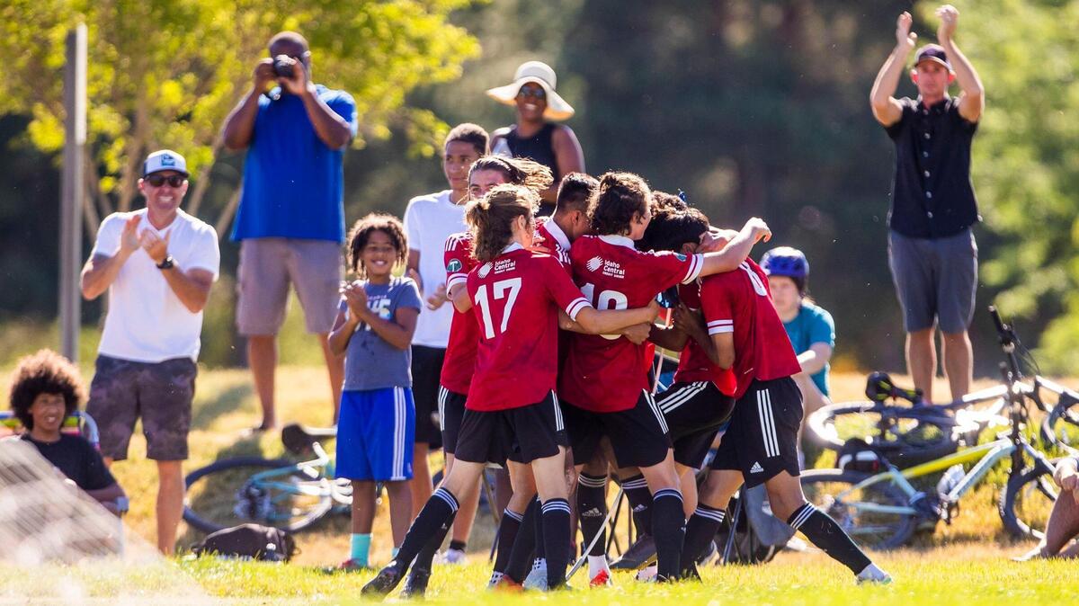 Boise Timbers’ Hasan Alaali and teammates celebrate a go-ahead goal in their U-14 boys soccer game against Los Angeles’ Total Futbol Academy in the U.S. Youth Soccer Far West Regional finals Sunday, June 27, 2021 at Simplot Sports Complex in Boise.