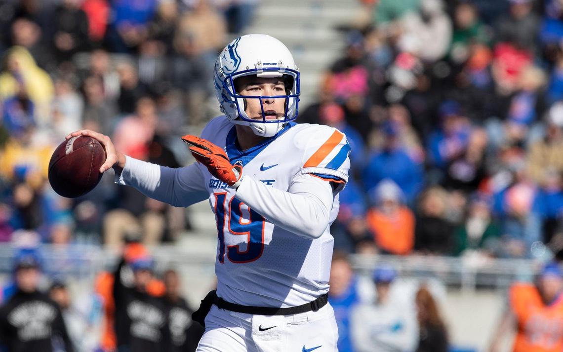 Boise State quarterback Hank Bachmeier waits for his next move during their spring game held on Saturday, April 9, 2022, at Albertsons Stadium.