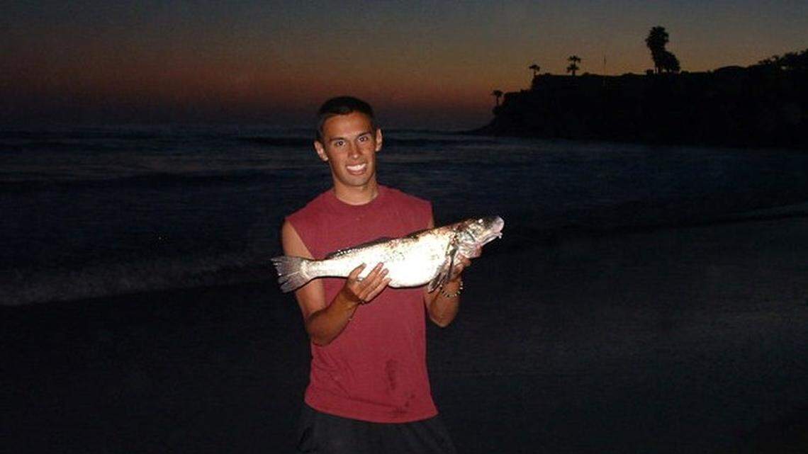 As a teenager, fishing columnist Jordan Rodriguez took a walk on the beach in San Diego and lucked into a memorable encounter with this lunker corbina.