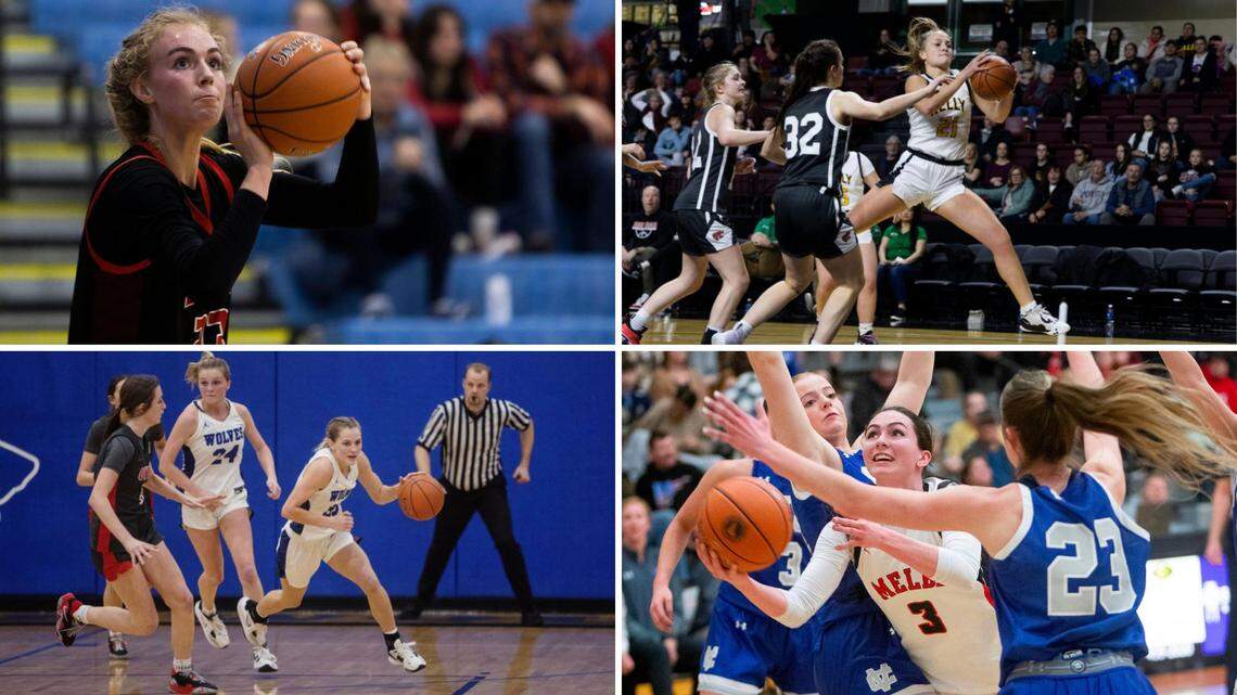Clockwise from top left, Boise’s Avery Howell, Bishop Kelly’s Caroline Knothe, Melba’s Kendall Clark and Timberline’s Lauren McCall were all voted players of the year in their conferences.