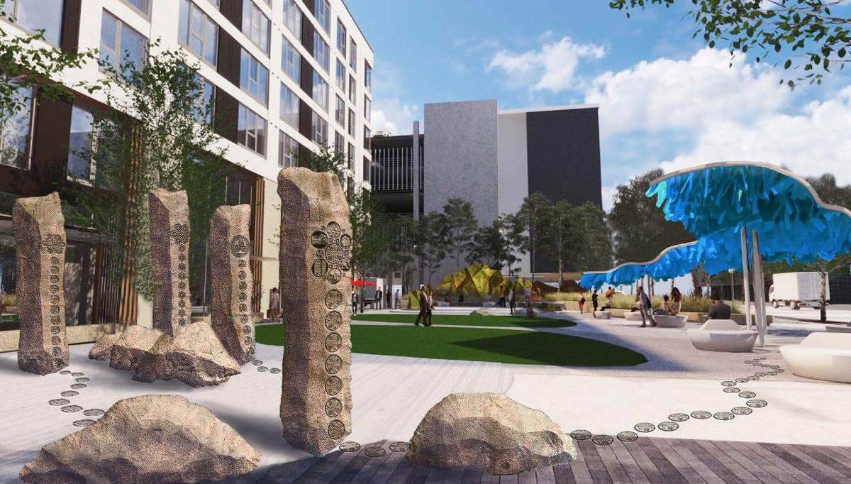 The park would include sandstone columns that celebrate the area’s multicultural history, as shown at left in this southwest-facing rendering. It would also include a river-like blue canopy made from thousands of aluminum flappers that would move in the breeze, shown at right. There are no plans to build the building at left. It was included in this rendering as an example of what the area could look like in the future.