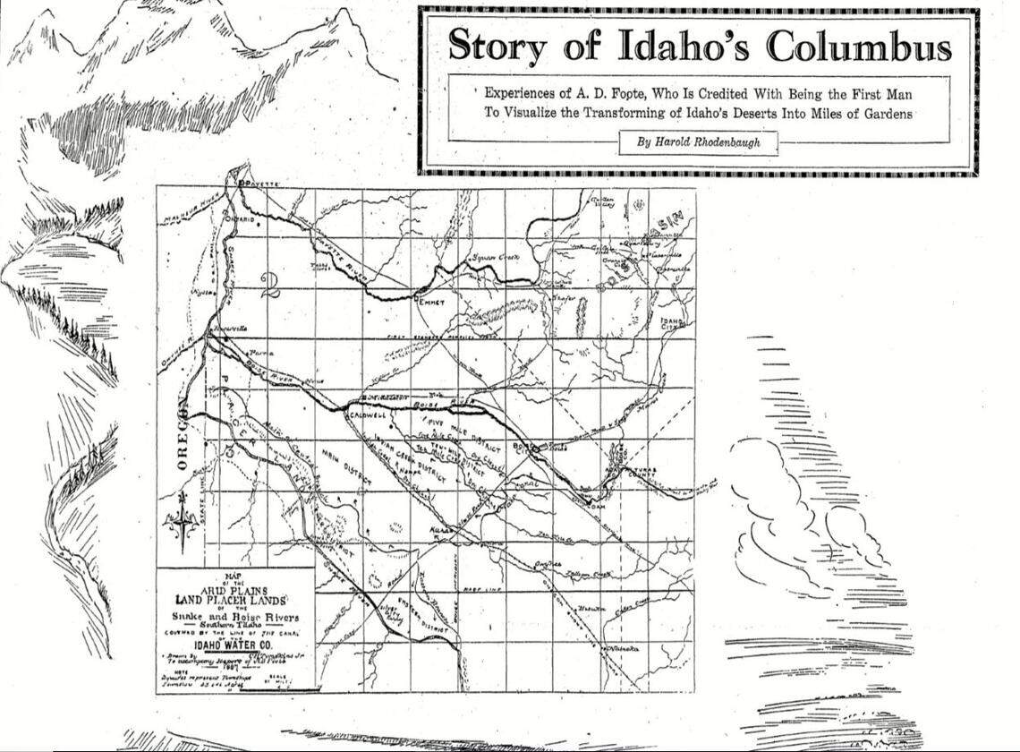 This hand-drawn survey map for the New York Canal system by A. D. Foote shows both Five-mile and Ten-mile creeks near its center.  This replica of that map from 1887, was published in the Idaho Sunday Statesman in 1929. The canal, built with investments from New Yorkers, opened in 1900.
