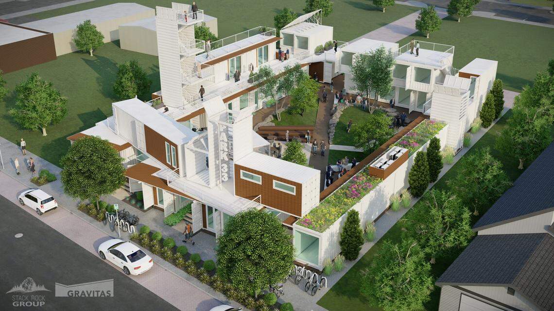 An architect’s rendering of the original 2019 proposal for Park 33 at 208 E. 33rd St. in Garden City, a small development of live-work units to be made from shipping containers. Developer Jason Jones’ Wee Boise Inc. now plans seven 900-square-foot living units in three stories, not the two shown.