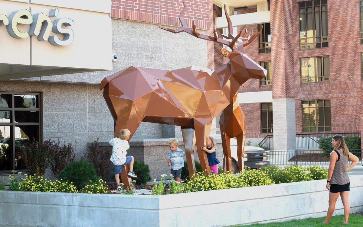 This giant elk was created and installed by Trademark Design and Fabrication, of Boise, in front of the new Idaho Elks Children’s Pavilion that opened in September 2019 at St. Luke’s Children’s Hospital in downtown Boise.