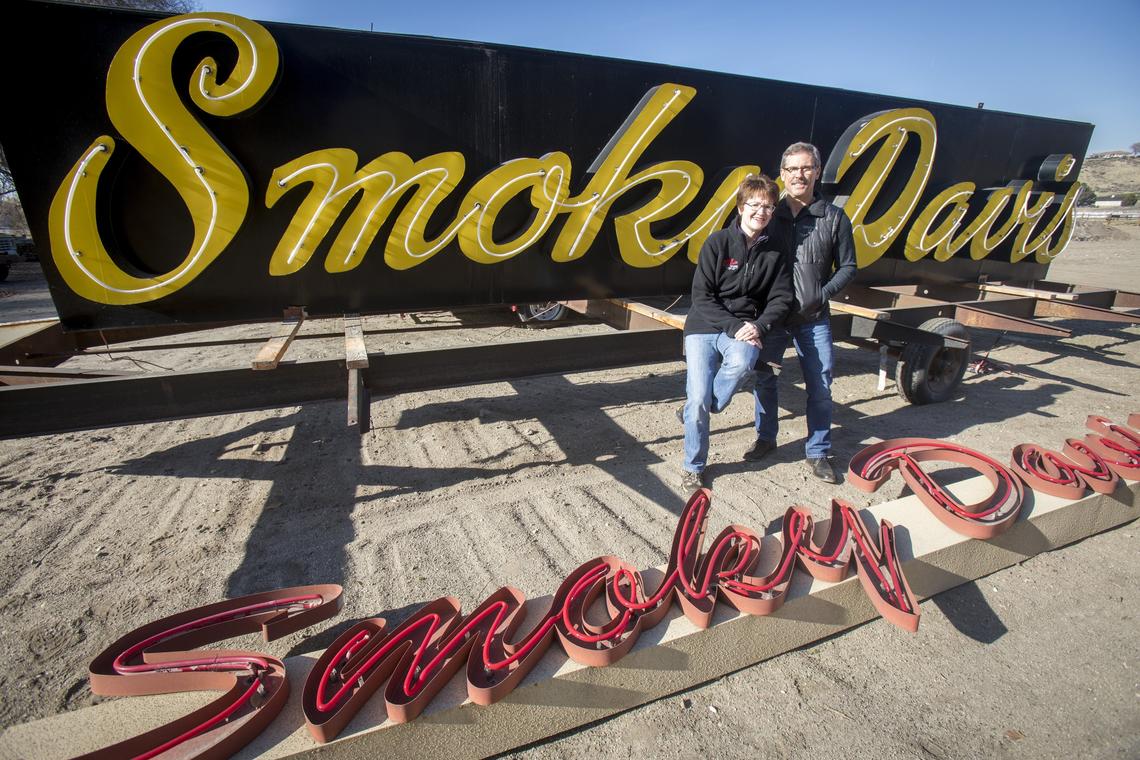 Smoky Davis was one of the business casualties during the widening of State Street and Veterans Memorial Parkway. Gary and Dee Davis hope to rebuild, and the old sign is ready in their backyard if that happens. Gary’s grandfather, Del Davis, who founded the business in 1953, had the sign built. This is the replacement. A freight truck took out the first one years ago.