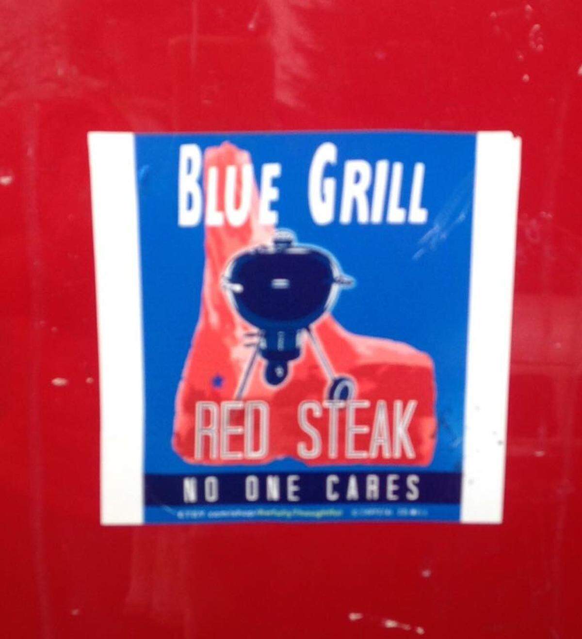 Several parodies of the “Blue Girl, Red State” sticker have cropped up in the past decade, including this “Blue Grill, Red Steak” version.
