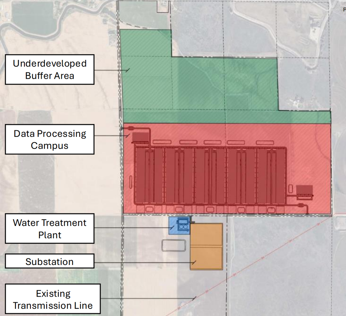 Diode has not yet released any renderings of its data center planned for southeast Kuna. This “preliminary conceptual design” shows that the center would sit south of a significant swath of buffer land and north of a water treatment plant.