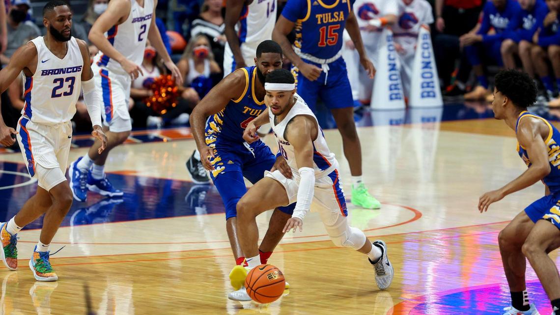 Boise State guard Marcus Shaver Jr. completes a steal after teammate Naje Smith bats the ball away from Tulsa forward Jeriah Horne in the second half of Friday night’s BSU victory.