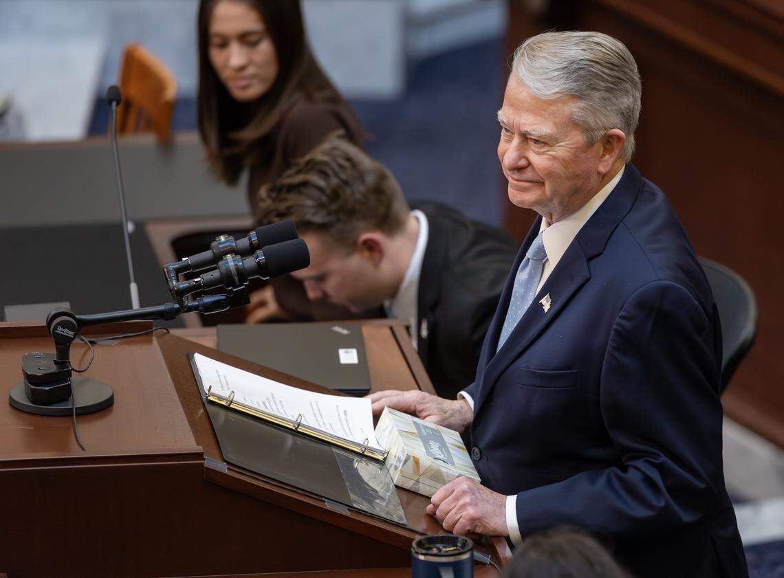 Gov. Brad Little gives the State of the State address at the Idaho Capitol, Jan. 12, 2026.