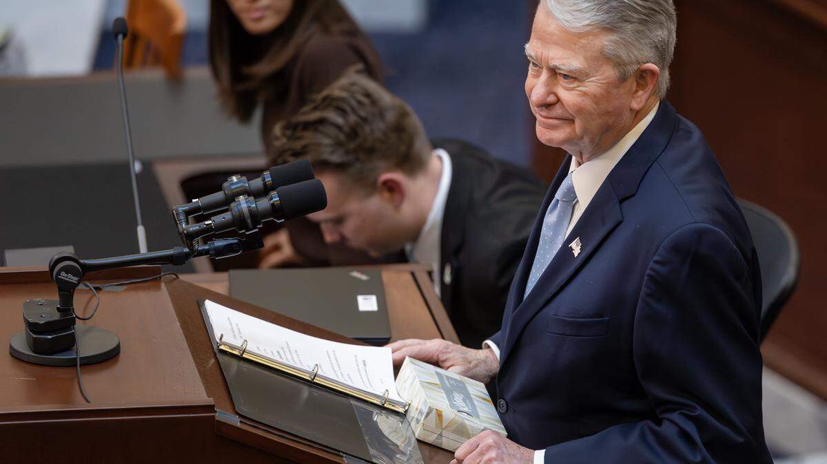 Gov. Brad Little gives the State of the State address at the Idaho Capitol, Jan. 12, 2026.