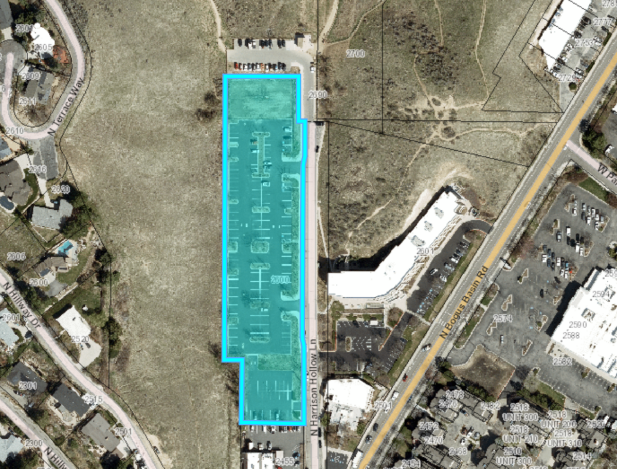 Healthwise Inc. owns the parking lot, shaded here in blue, that could become Blue Sky Commons. The popular Harrison Hollow Trailhead sits just above the lot.