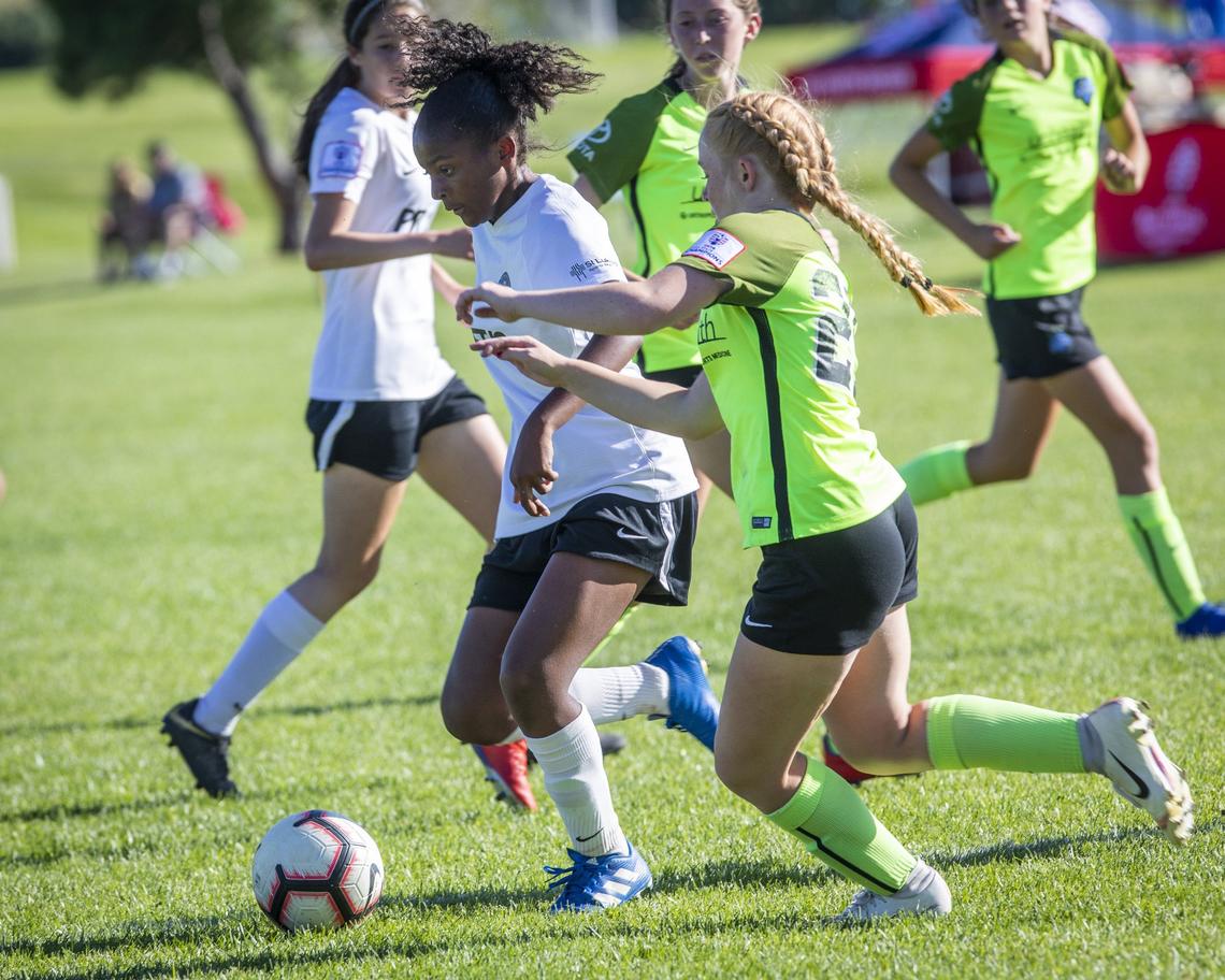 Boise Thorns striker Asia Lawyer looks for space during a U-14 game at the Far West Regionals on Monday at the Simplot Sports Complex.