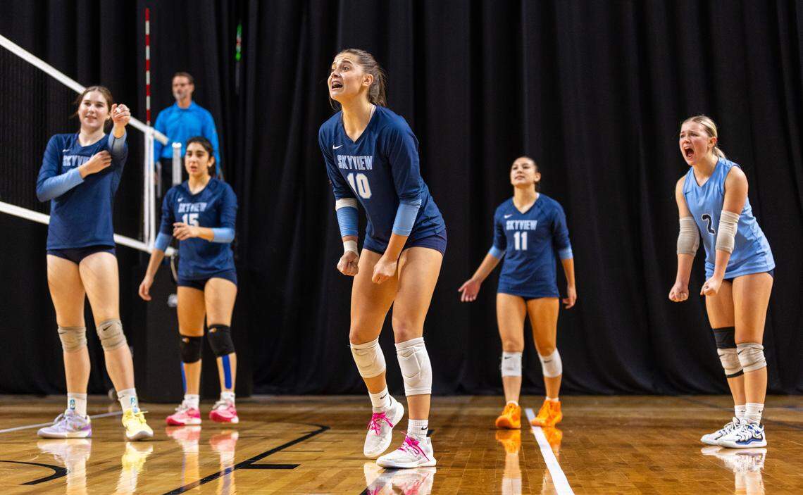 Skyview players celebrate after scoring a point against Madison in the 6A volleyball state tournament Saturday at the Mountain America Center in Idaho Falls. Madison defeated Skyview 3-1 to claim the state title.