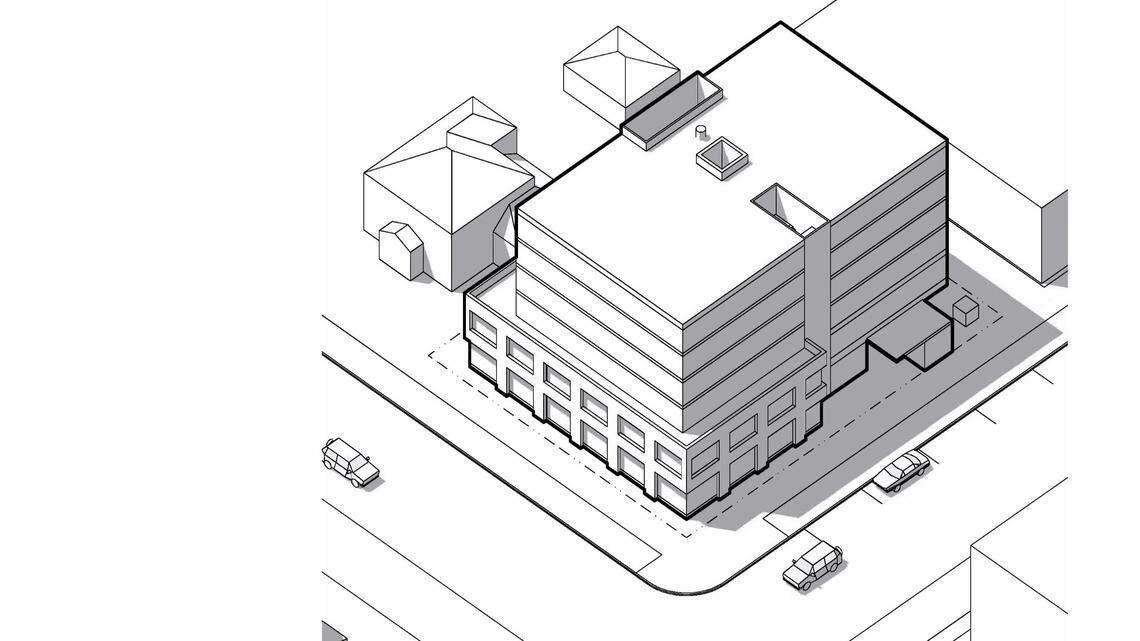 This south-facing early concept rendering shows the proposed six-story condominium building at 622 N. 8th St. Franklin Road can be seen at left, while 8th Street is on the right.