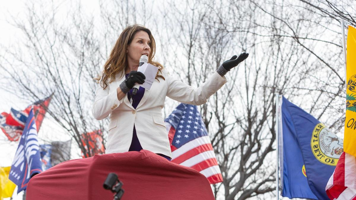 Idaho Lt. Governor Janice McGeachin speaks at a rally to support truckers and protest against COVID-19 vaccination mandates near the TA Travel Center and truck stop on March 2 in Boise.