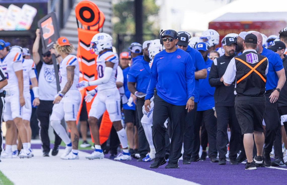 Boise State head coach Andy Avalos is on the sidelines in the third quarter of their game against University of Washington at Husky Stadium in Seattle, Saturday, Sept. 2, 2023.