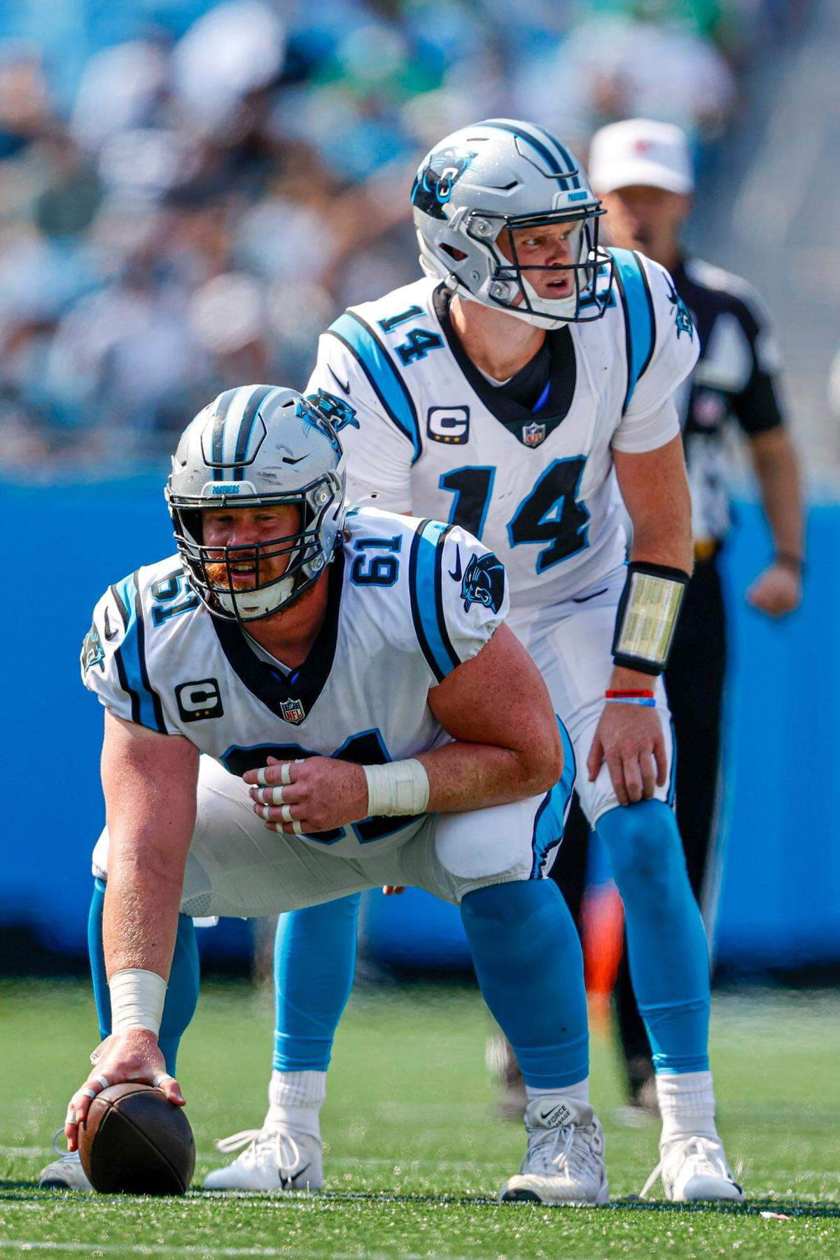 Carolina Panthers quarterback Sam Darnold waits for the snap from center Matt Paradis during the second half of an NFL football game against the New York Jets on Sept. 12 Charlotte, N.C. Paradis played at Council High School and for Boise State.
