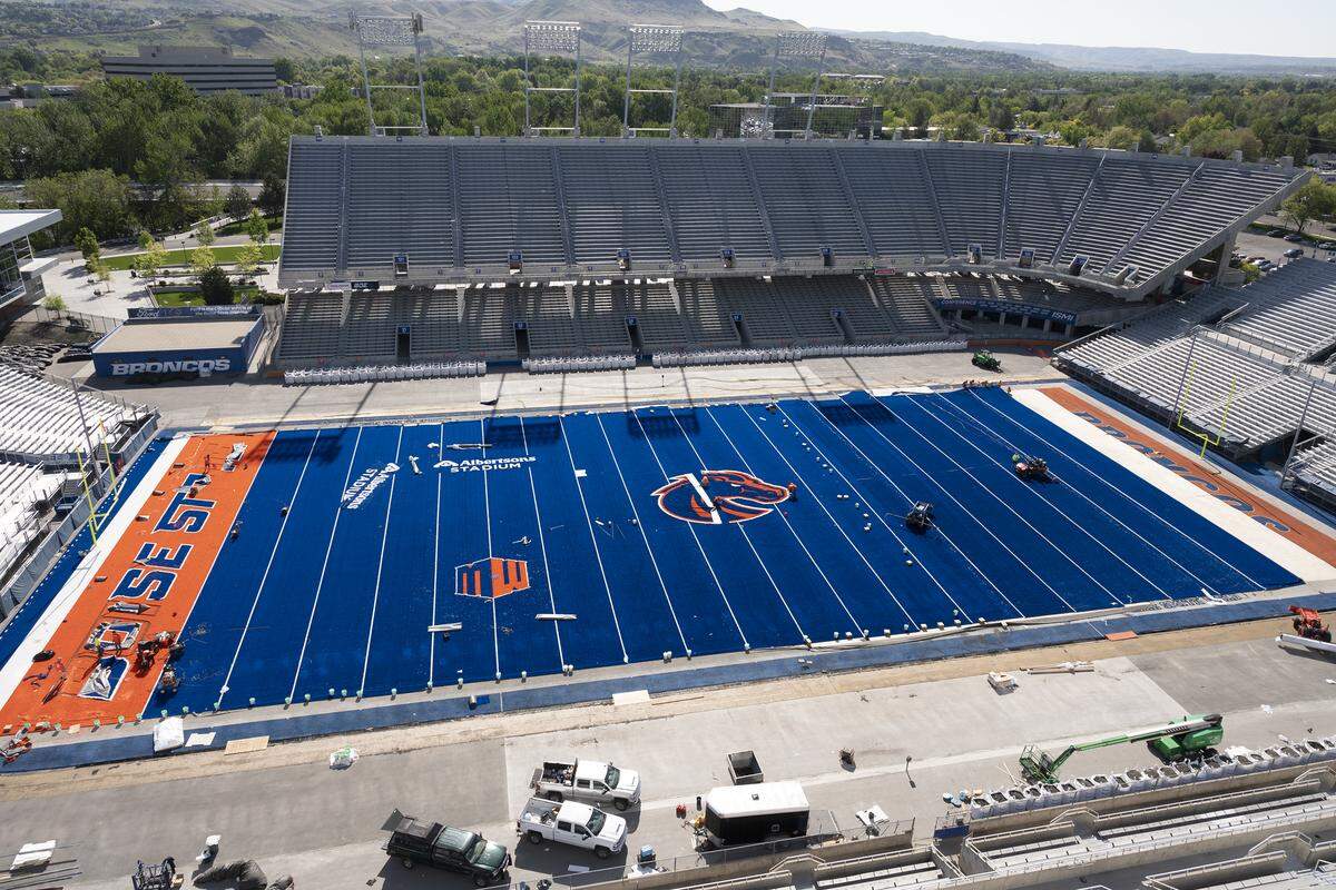 The installation of the new turf is progressing nicely at Albertsons Stadium.