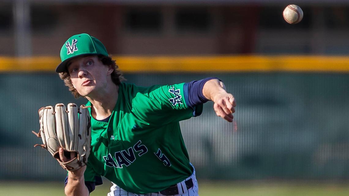 Mountain View senior Blake Logsdon threw three scoreless innings, combining with Evan Perry for a complete-game shutout in a 3-0 victory against Owyhee on Wednesday at Mountain View.
