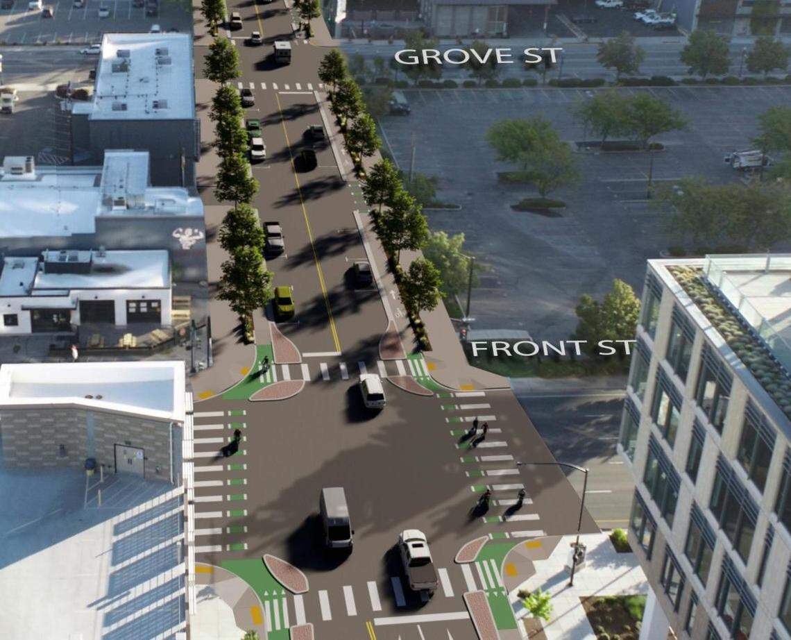 This rendering shows what a protected bike lane would look like along 11th Street in downtown Boise. The section of 11th Street shown here is part of the first phase of construction for the “Rebuilding 11th Street” project.