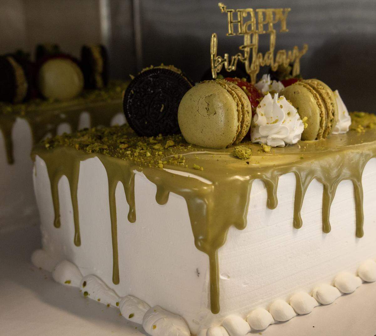 A styled Dubai chocolate birthday cake awaits a buyer at La Esperanza's bakery in Nampa.