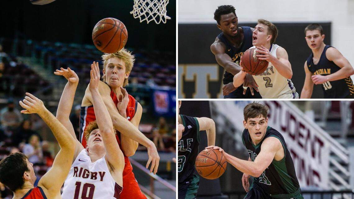 Clockwise from top left, Owyhee’s Jack Payne, Meridian’s Davis Thacker and Eagle’s Donovan Jones are a few key players to watch this winter in the 5A SIC.