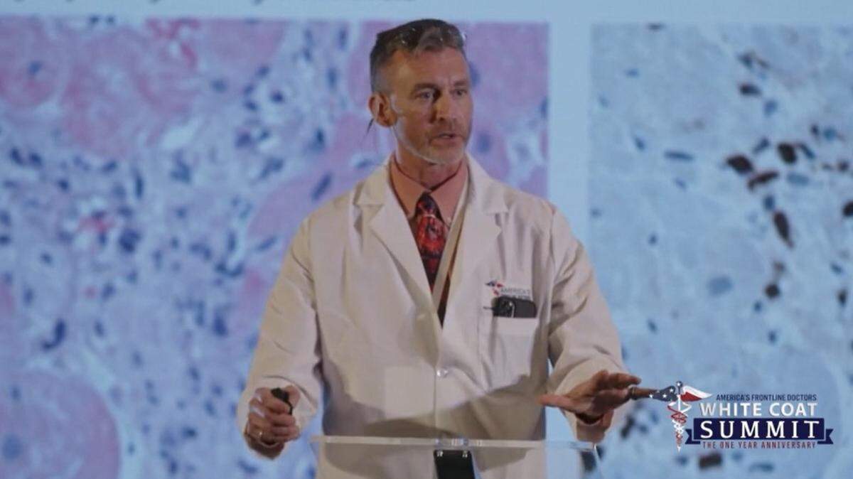 In this screenshot from a video, Dr. Ryan Cole, a pathologist who is president of a medical laboratory in Garden City and has been nominated to be the physician on the Central District Health board, addresses the White Coat Summit of the group America’s Frontline Doctors on July 27 in San Antonio, Texas.