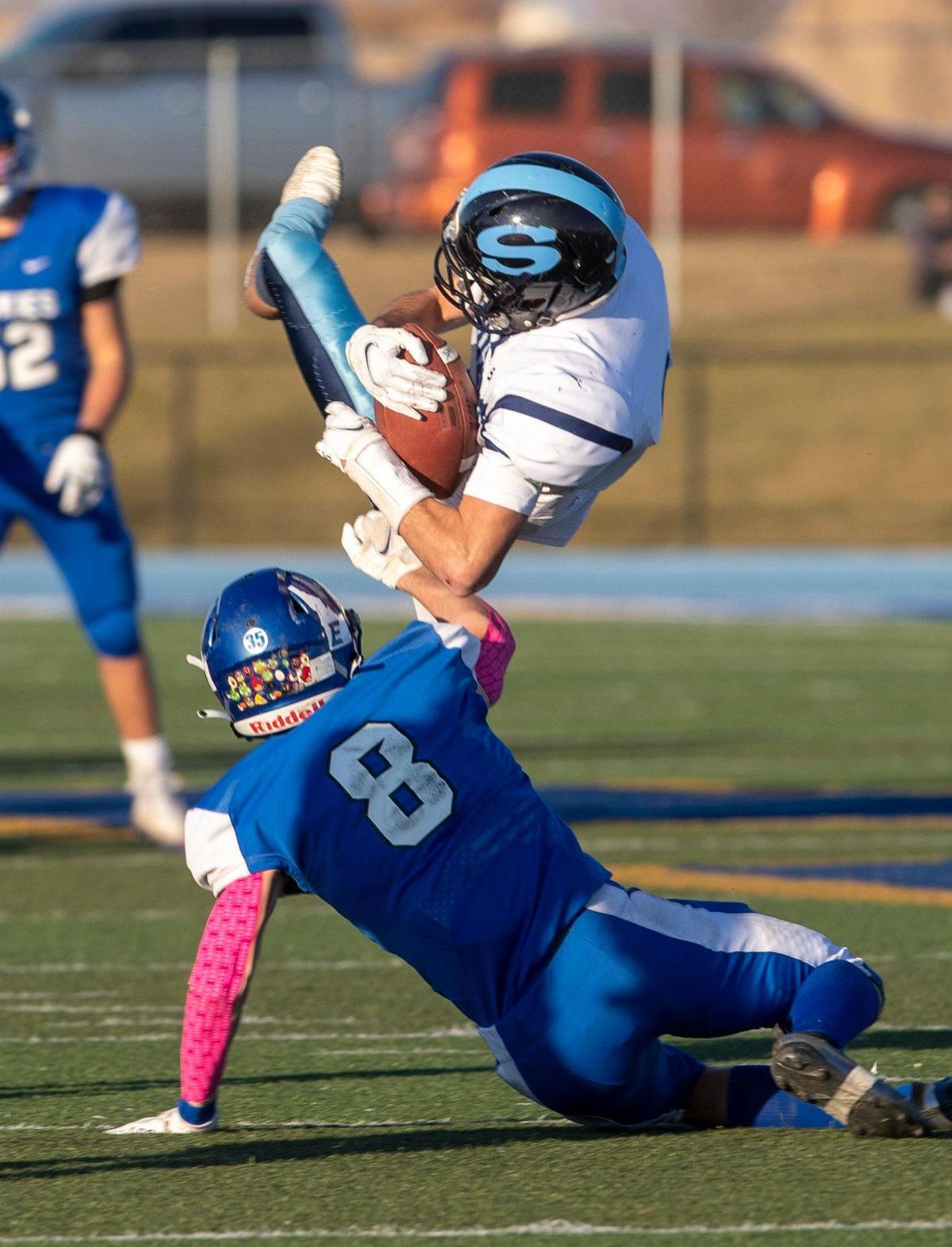 Skyline’s Eli Ames brings down a 22-yard pass against Emmett’s Caseyn Pearson in the second quarter. Emmett lost 42-22 against Skyline in the 4A Idaho state football championship on Saturday, Nov. 21, 2020 at Middleton High School.